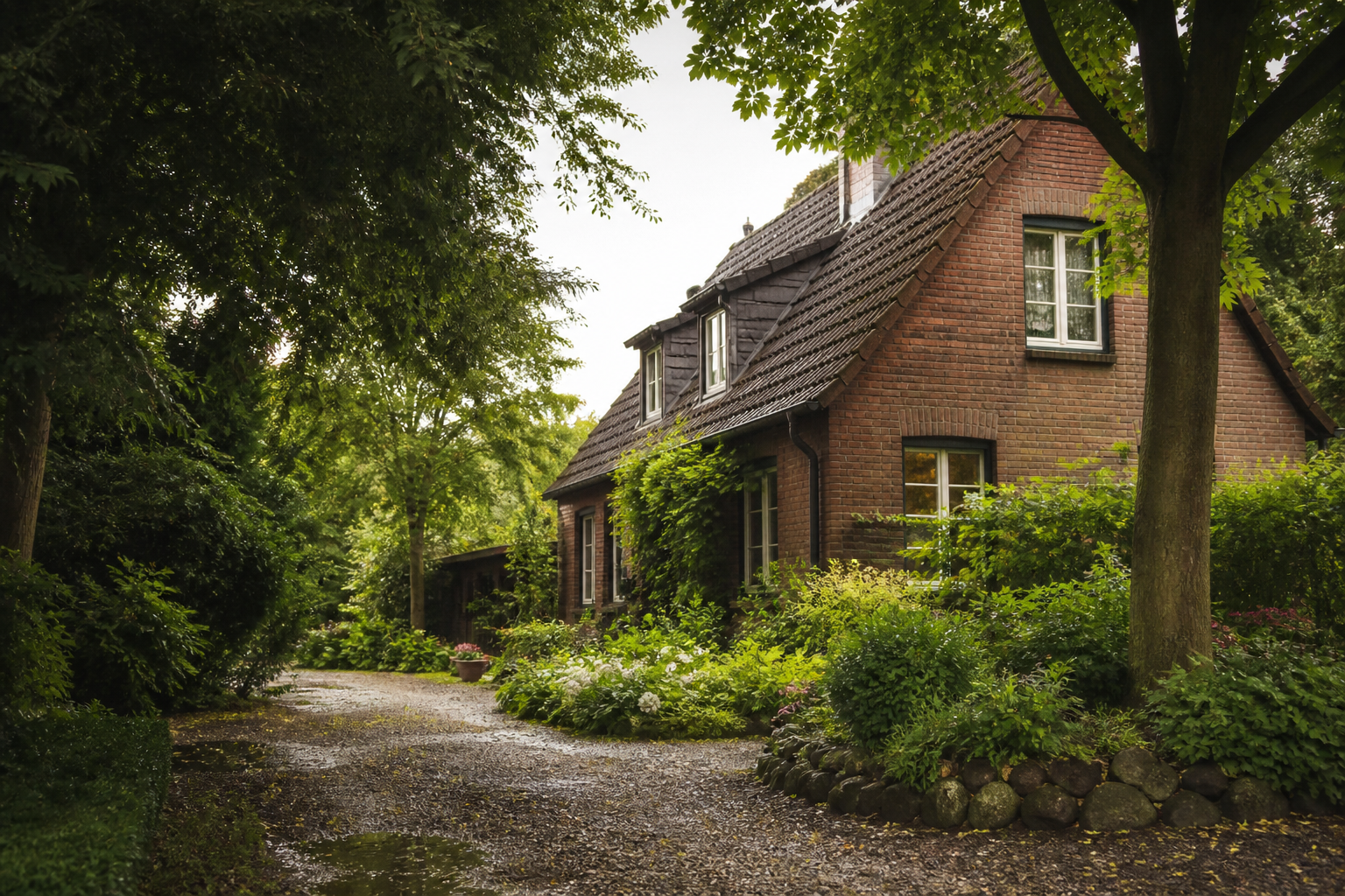 KI-Illustration eines Hauses mit Garten ohne dokumentierten Wiesbadener Standort
